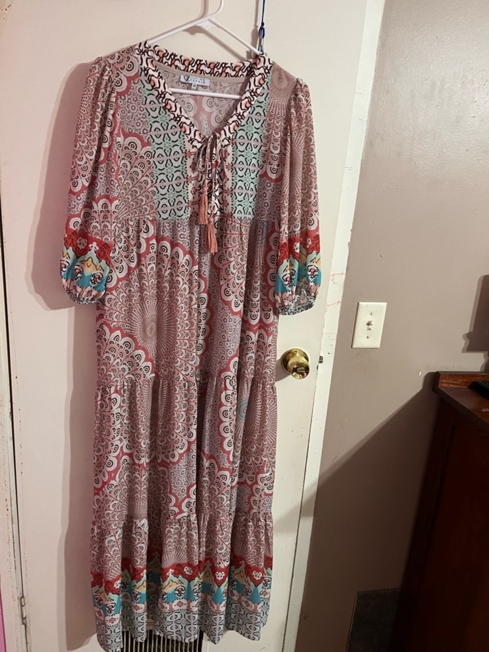 Zele Pink Patterned Maxi Dress with Tassel Tie